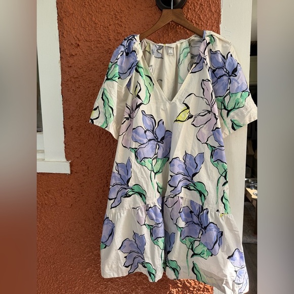 Women's Flutter Sleeve Mini Poplin Dress A New Day White/Purple Floral Large - Picture 1 of 4